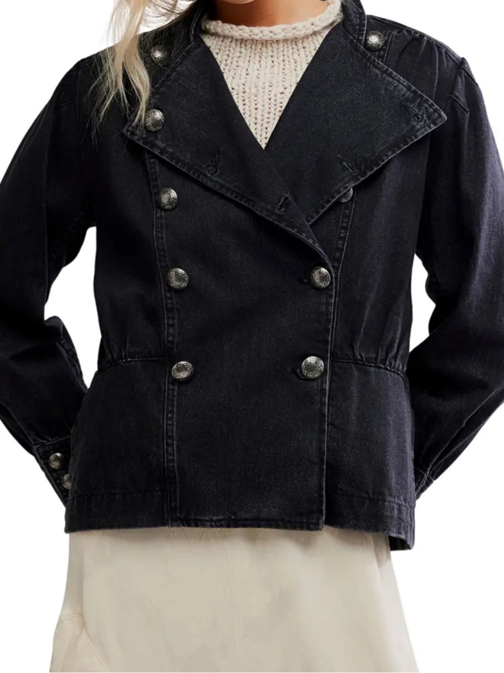 Free People Imogene Double Breasted Denim Jacket
Size XS | Black Washed Denim